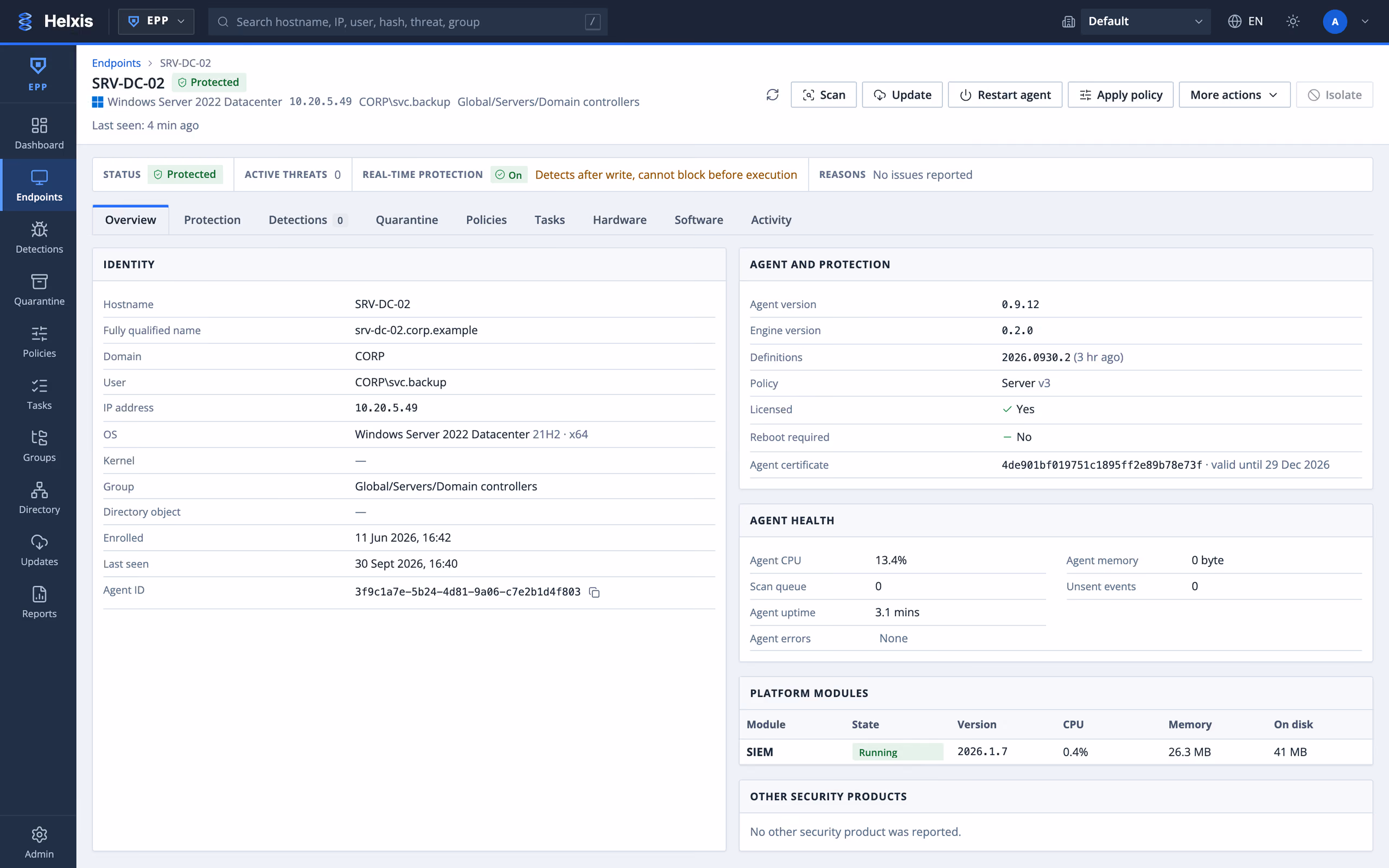 Endpoint card: identity, agent, protection state and platform modules