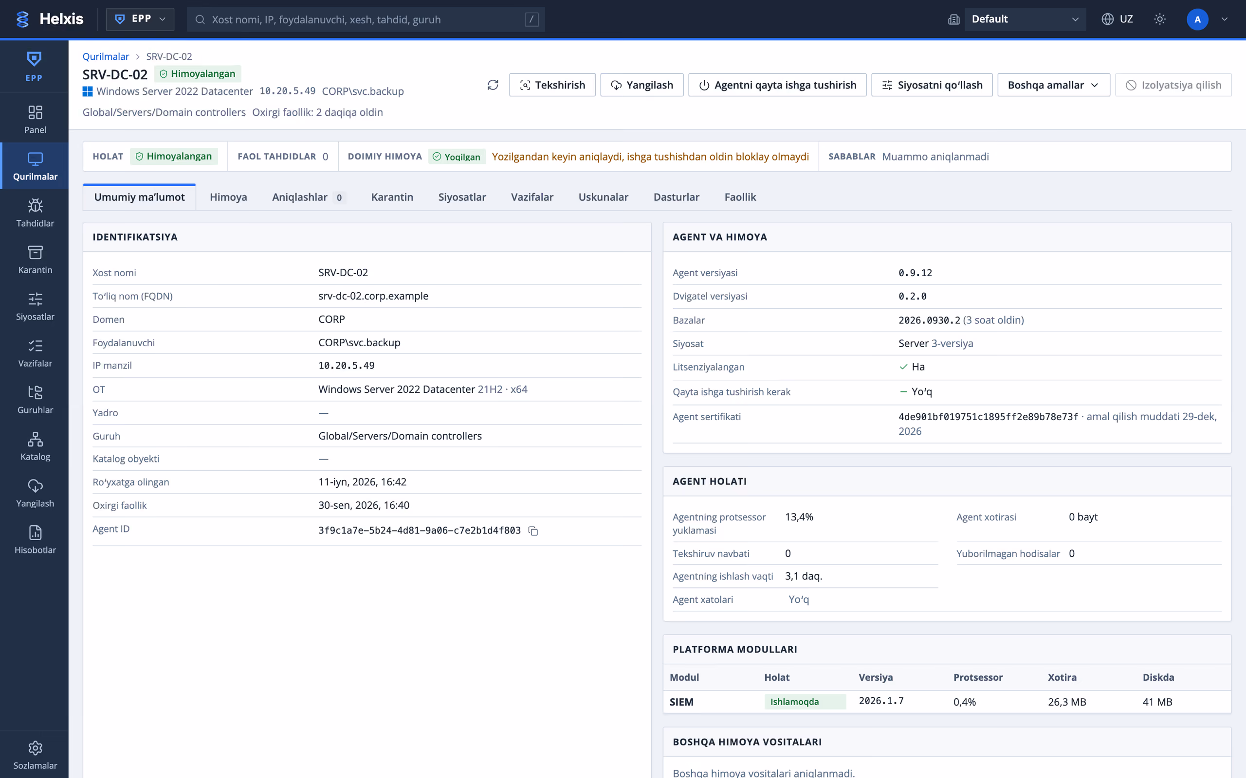 Endpoint kartochkasi: identifikatsiya, agent, himoya holati va platforma modullari