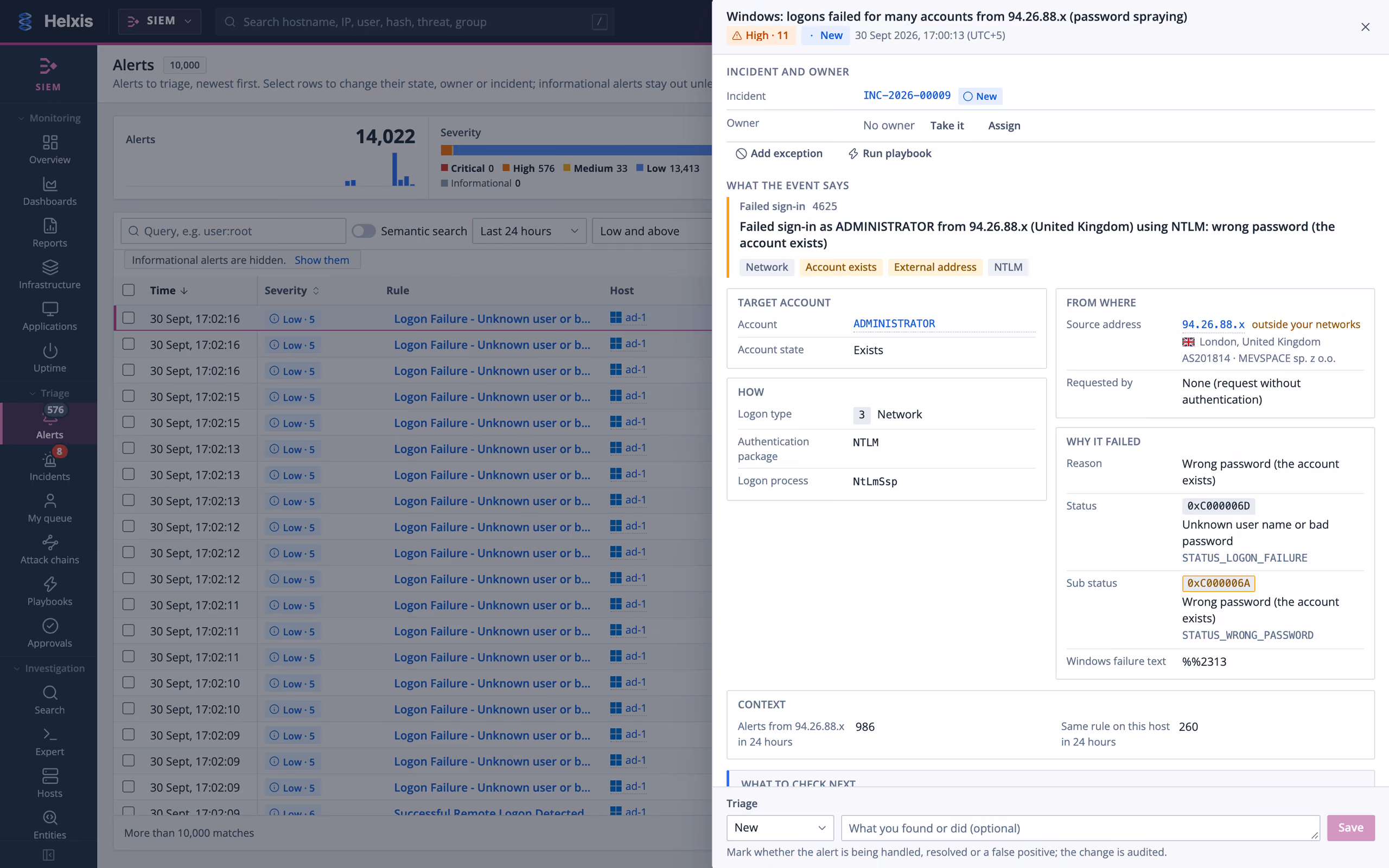 Alert panel for a failed Windows sign-in: account, source, method and reason for the refusal